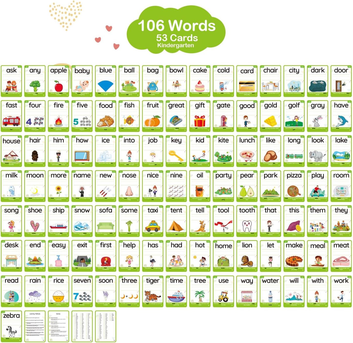 WJPC 55 Cards, 106PCS High Frequency First-Grade Sight Words Flash Cards, 1st Grade Phonics Learning Cards for 5,6,7,8 Years Ages Kids Boys, Girls Learn to Read, Write, Association, Sentence Making