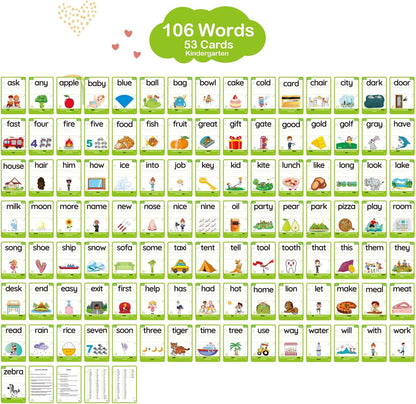 WJPC 55 Cards, 106PCS High Frequency First-Grade Sight Words Flash Cards, 1st Grade Phonics Learning Cards for 5,6,7,8 Years Ages Kids Boys, Girls Learn to Read, Write, Association, Sentence Making