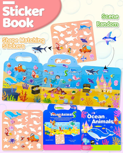 Benresive Reusable Sticker Book for Toddlers, Stickers for Kids, Travel Toys for Arts & Crafts Activities, Birthday Gift for Boys & Girls, Animals Dinosaurs Insects Themes