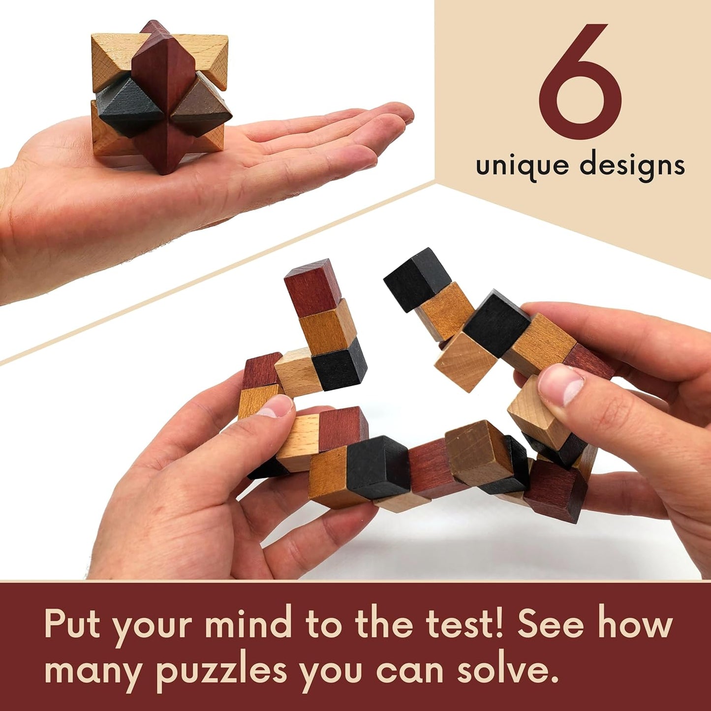 Wooden Brain Teaser Puzzles 6 Pack - 3D Brain Teasers for Adults & Kids - Educational and Fun Gift Ideas - Mind Puzzles by LMC Products