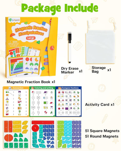 D-FantiX Large Magnetic Fraction Book, Magnetic Fraction Tiles & Fraction Circles Set with Dry Erase Activity Card, Montessori Fraction Manipulatives Learning Toys for Kids