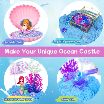 Sensory Bins for Toddlers,Sensory Toys Play Sand Art Kit with Sandbox & Sand Castle Molds & Tools,Indoor Outdoor Beach Toys for Boys and Girls Christmas Birthday Gift (Mermaid Paradise)