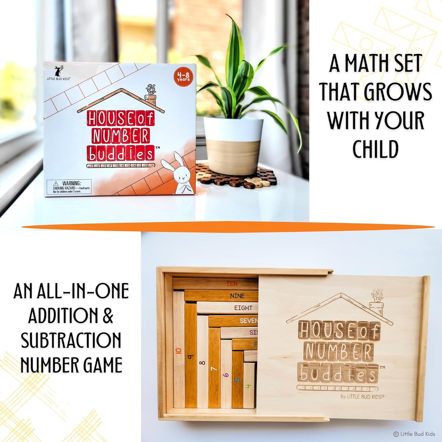 LITTLE BUD KIDS House of Number Buddies Math Game, a Number Bonds Math Toy with Counting Rods and Addition & Subtraction Flash Cards, a Montessori Material for Kids 4-8 Years Old