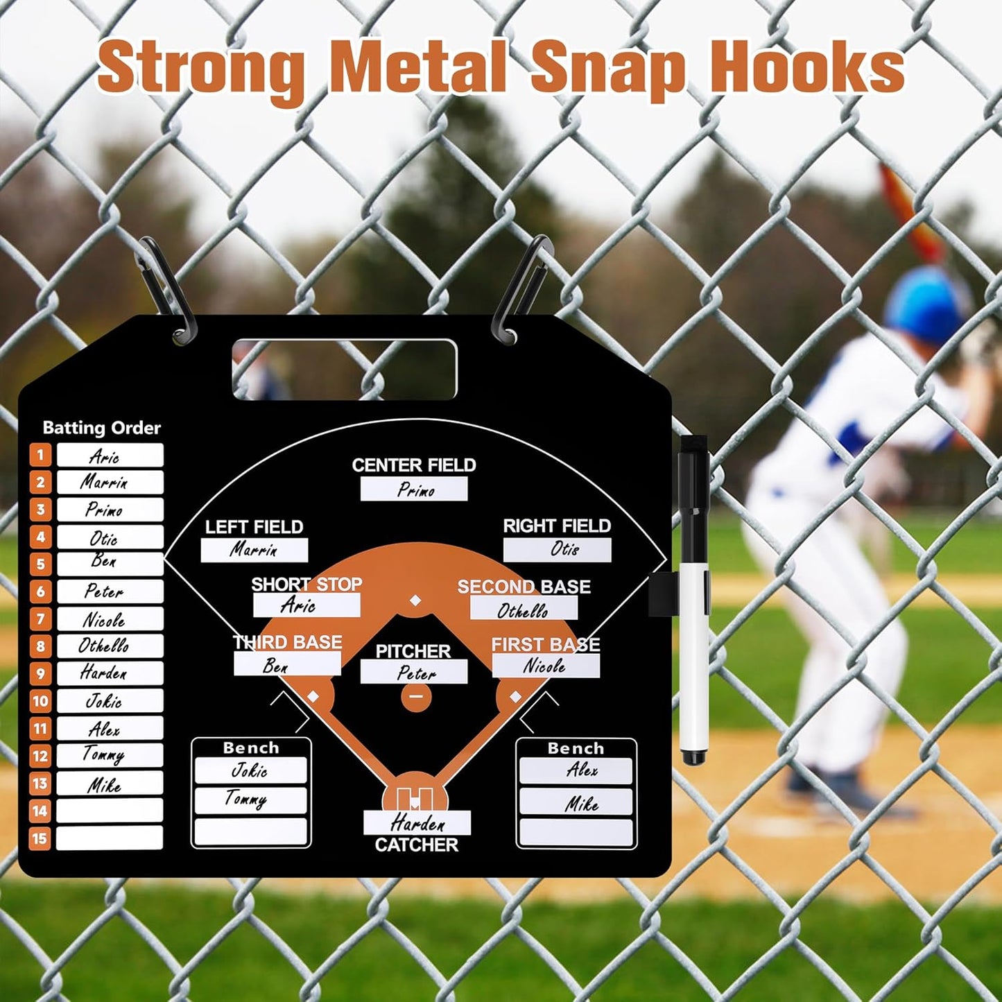 Baseball Coach Clipboard, Anglecai Double-Sided Dry Erase Baseball Lineup Board for Softball Dugout Board Baseball Coaching Board with 30 Lineup Card/ 10 Magnet/2 Marker/2 Hook (Green)