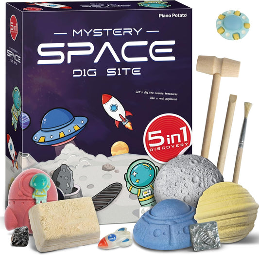 Mystery Space Dig Kit for Kids - 5-in-1 Solar System Excavation Toy with 5 Cosmic Treasures (Obsidian, Astronaut, Rocket, UFO, Footprint) - STEM Science Educational Gift for Boys & Girls