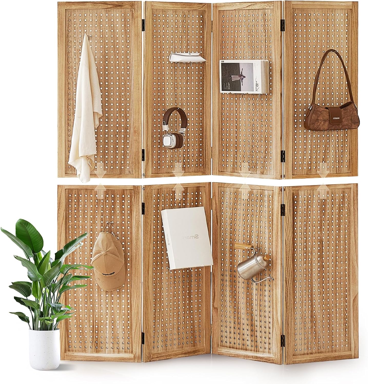 4 Panel Wooden Room Dividers, 5.6FT High Plug-in Folding Screen Made of Natural Wood, Pegboard Display for Bedroom and Shopping Malls and Jewelry Stores, Dark Brown