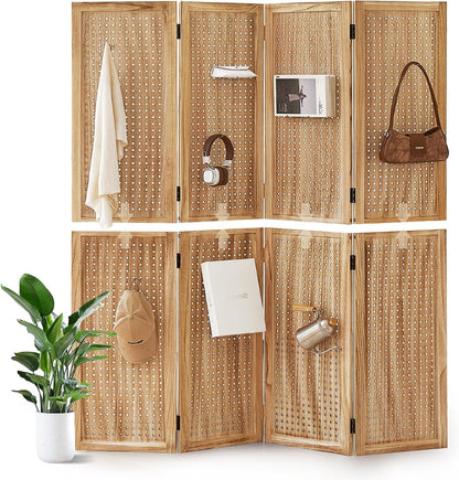 4 Panel Wooden Room Dividers, 5.6FT High Plug-in Folding Screen Made of Natural Wood, Pegboard Display for Bedroom and Shopping Malls and Jewelry Stores, Dark Brown