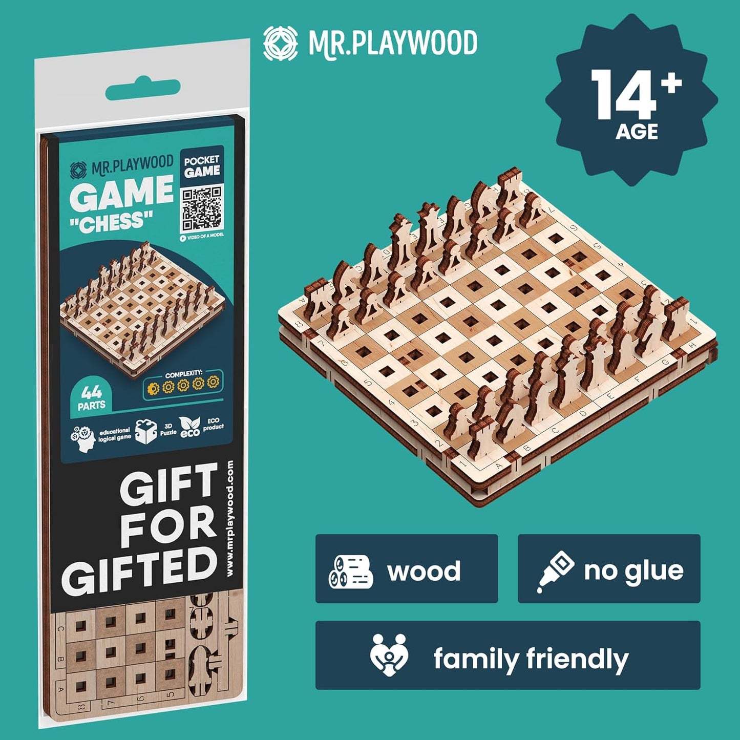 -Wooden Tic Tac Toe Game - 3D Mechanical Wood Model Board Games - Portable Pocket Size Travel Game for Kids & Adults - Coffee Table Games & Home Decor - 15 Piece DIY Logic Puzzle