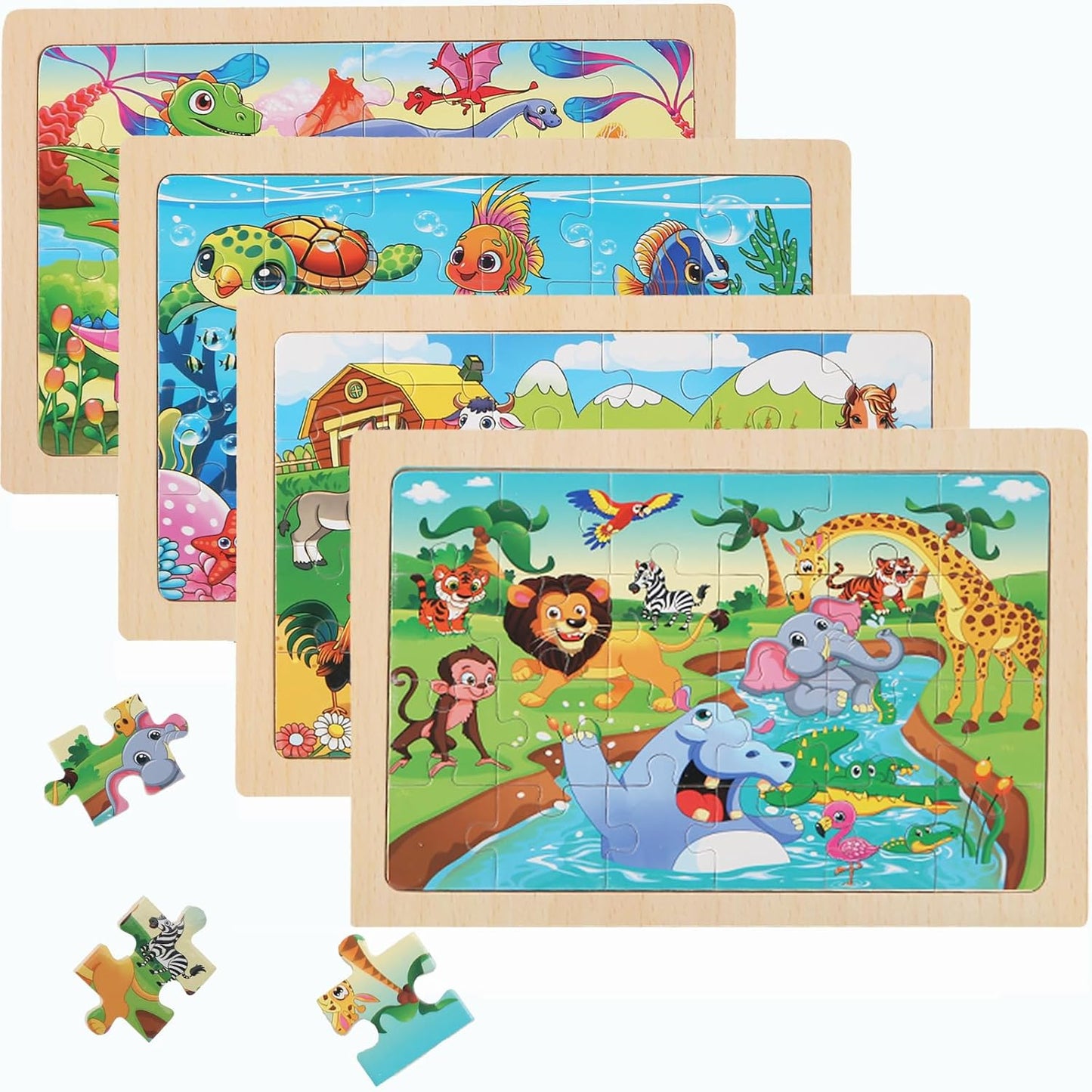4 Sets of Wooden Puzzles, Each Set has 24 Pieces, Including Castle Unicorn Princess, for Toddlers 3-5, Puzzles for Kids Ages 4-6, Preschool Educational Brain Teaser Toys for Girls 3 4 5 6 Years Old.
