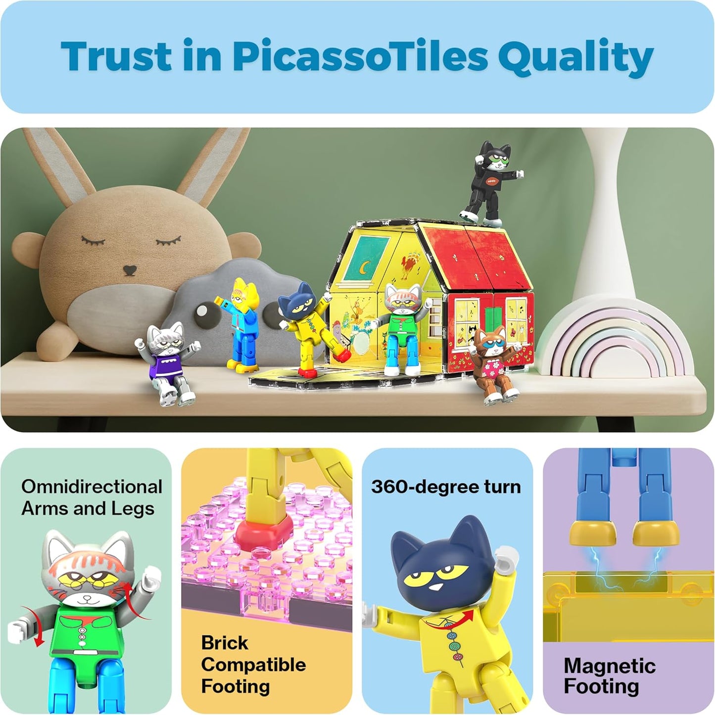 PicassoTiles Magnetic Tiles Pete the Cat Home Theme Building Blocks Double Sided Printing Toddler Magnet Toys Education STEM Learning Kit Construction Brain Development Preschool Kid Game Boy Girl 3+