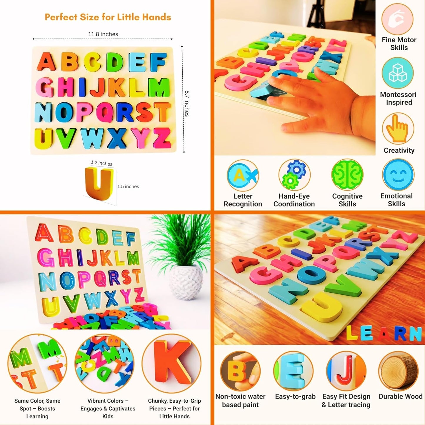 Wooden Puzzles for Toddlers 3-5 | Alphabet Number Shape Montessori Learning Toys | Magnetic Whiteboard, Flashcards & Markers | Preschool Educational 5-in-1 Learning Kit | VYN & VYN (Rainbow)