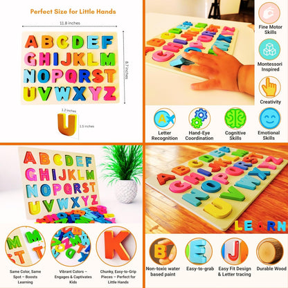 Wooden Puzzles for Toddlers 3-5 | Alphabet Number Shape Montessori Learning Toys | Magnetic Whiteboard, Flashcards & Markers | Preschool Educational 5-in-1 Learning Kit | VYN & VYN (Rainbow)