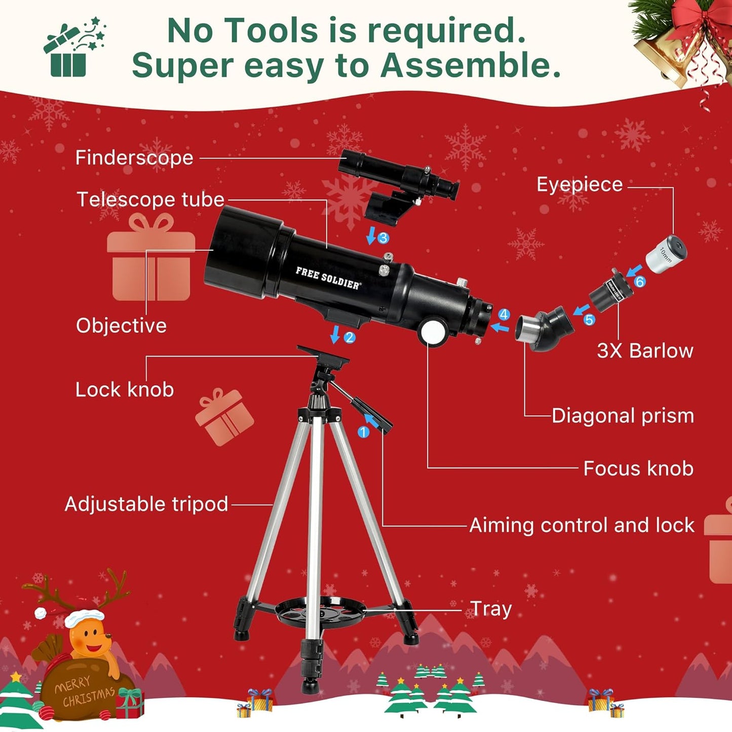 FREE SOLDIER Telescope for Kids 70mm Aperture Astronomical Refractor Telescopes for Beginners (15X-150X) 300mm Telescope for Adults High Powered with A Phone Adapter & A Wireless Remote (White)