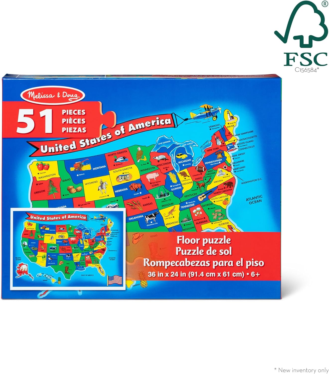 Melissa & Doug USA Map Floor Puzzle, 51 Jumbo Pieces, 2 x 3 Feet, Educational Geography Giant Puzzle for Kids Ages 6+ - FSC Certified