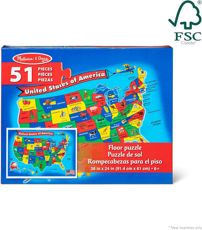 Melissa & Doug USA Map Floor Puzzle, 51 Jumbo Pieces, 2 x 3 Feet, Educational Geography Giant Puzzle for Kids Ages 6+ - FSC Certified