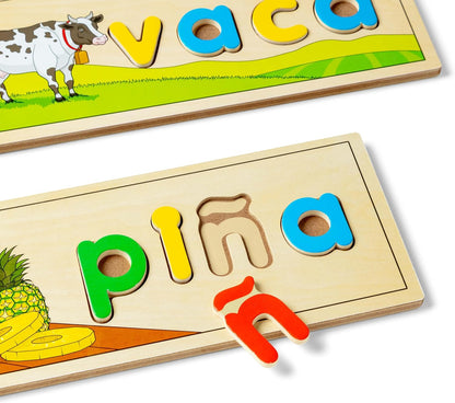 Melissa & Doug See & Spell Wooden Educational Toy with 8 Double-Sided Spelling Boards and 64 Letters Preschool Learning Activities, See & Spell Learning Toys for Kids Ages 4+
