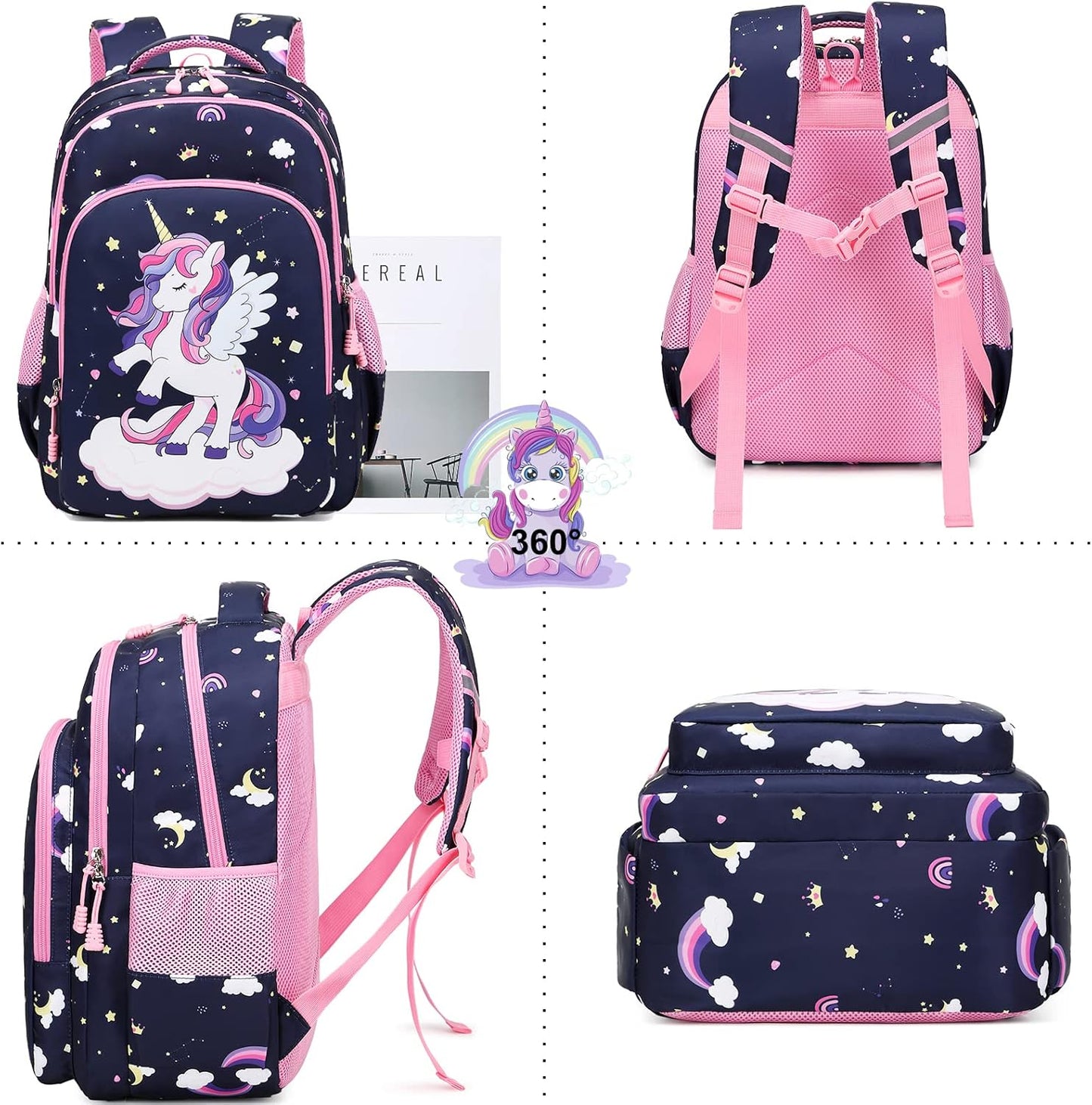 Girls Backpack for Elementary Unicorn Backpack Kids Backpack School Bookbag for Girls 3 in 1 Set Back to School