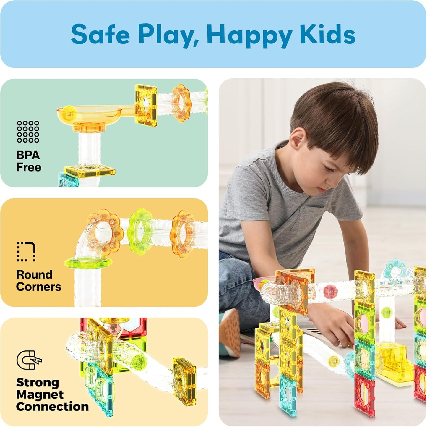 PicassoTiles Marble Run 60 Piece Race Track Magnetic Tiles Magnet Building Block Educational Construction Toy Set Playset STEM Learning Kit Child Brain Development HandEye Coordination Training PTG60