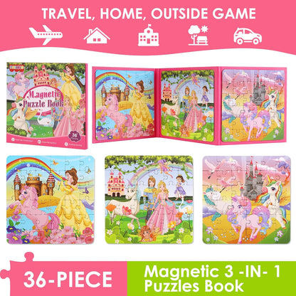 Magnetic Puzzles for Kids Ages 4-6, 20-Piece Toddler Travel Toys Unicorn Princess Puzzles Ages 3-5, Educational Learning Magnets, Ideal Road Trip Activities Toys for 3 4 5 6 Boys and Girls