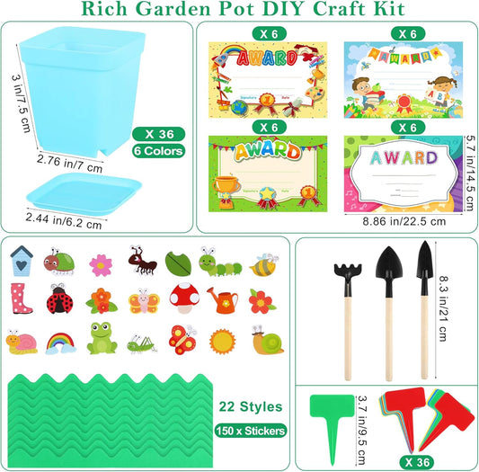 Elcoho 36 Set Garden Plastic Pot Craft Kit Plant Spring Craft Kits for Kids Flower Pots with 150 Foam Stickers 36 Labels 24 Certificate of Awards 3 Tools Planting Growing Kit for Kids, Mixed Colors