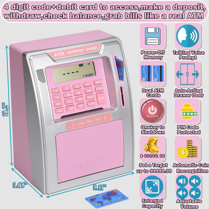Fishboy Talking Pink ATM Piggy Bank for Kids with Dual Debit Cards, Power-Off Memory, Auto-Opening Drawer for Real Money for Girls, Onekey Shutdown, Bill Feeder, Coin Recognition, Balance Calculator
