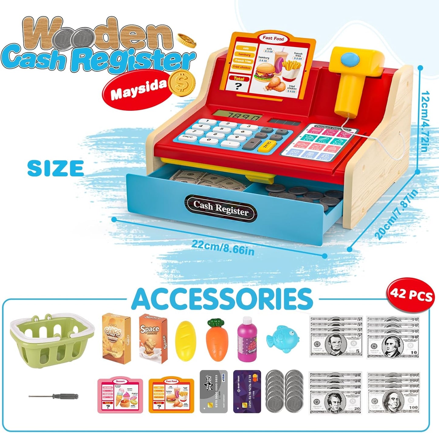 Kids Cash Register Toy Playset, Toddler Prentend Play Store with Real Calculator Cash Register with Scanner/Credit Card/Play Money/Food, Learning Toys for Boys Girls Toddlers(Pink)