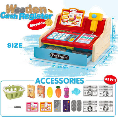 Kids Cash Register Toy Playset, Toddler Prentend Play Store with Real Calculator Cash Register with Scanner/Credit Card/Play Money/Food, Learning Toys for Boys Girls Toddlers(Pink)