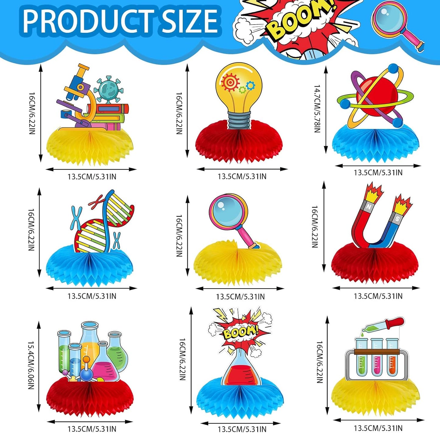 Fainne 9 Pcs Science Party Decorations Science Lab Themed Honeycomb Centerpiece Table Toppers for Kids Scientist Laboratory Party