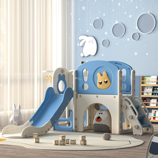NYEEKOY 8-in-1 Toddler Slide and Climber Playset, Kids Slide Playground with Stairs, Tunnel, Telescope, Storage, Basketball Hoop and Ball, Indoor Outdoor, 1-3 Years Old, Blue