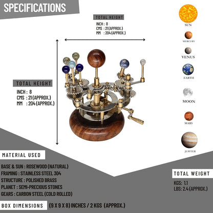 Luxury Vintage Brass Orrery – Exquisite Brass Planetary Gear Mechanism | Astronomical Desk Ornament | Solar System Model (8" Mercury, Venus, Earth, Mars, Uranus & Moons)