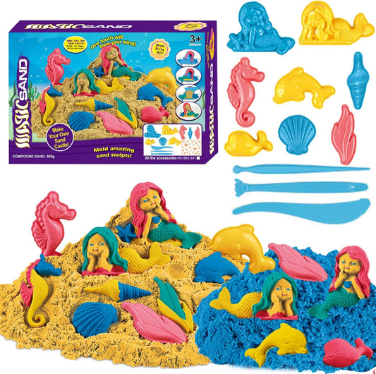 BETURETOP Mermaid Play Sand Kit for Girls, DIY Magic Sensory Sand Art Set for Kids with Color Sand, Mermaid Molds and Tools, Beach Sand Sensory Toys Unicorn Gifts for Girls Toddler Ages 3-8
