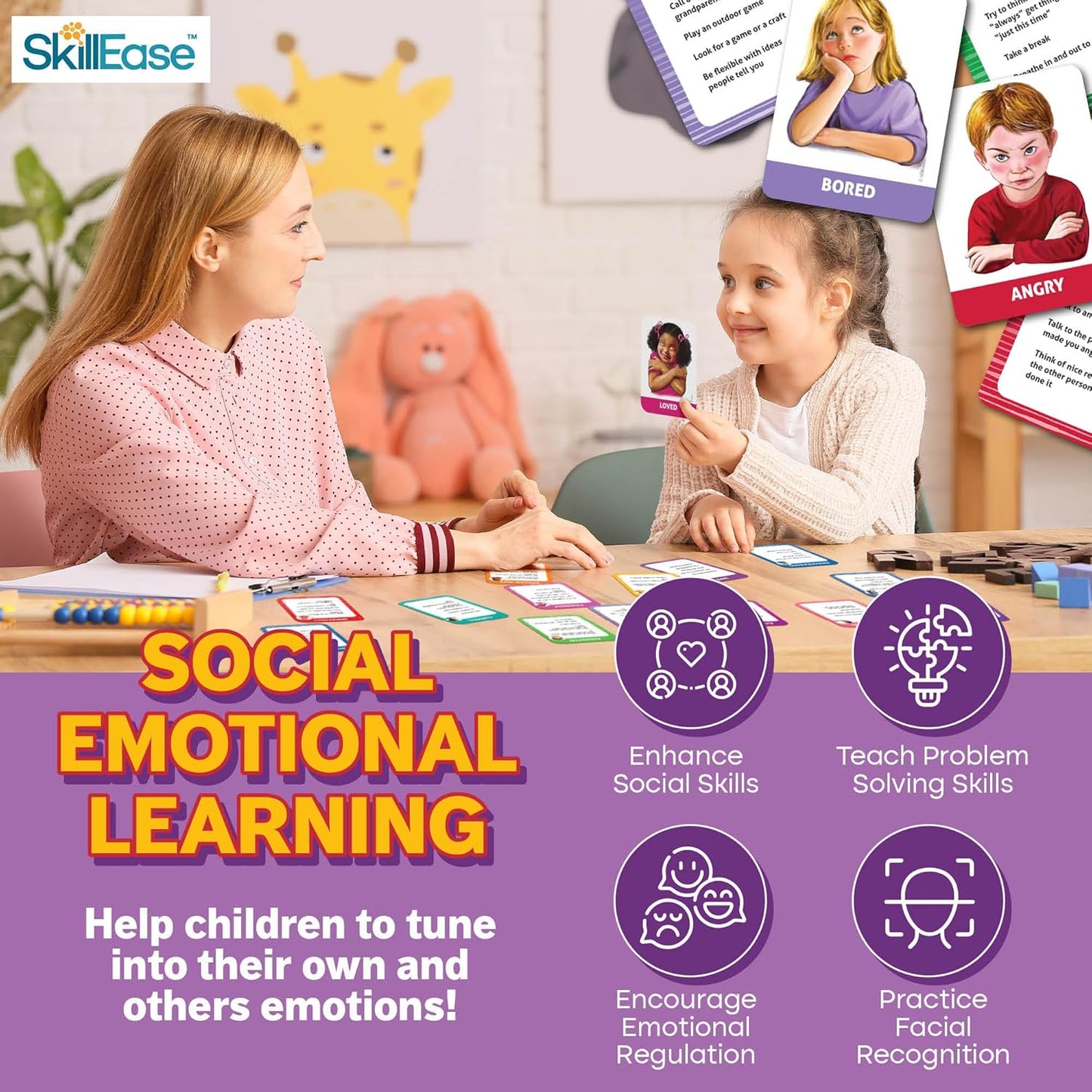 SkillEase Exploding Emotions Flashcards and Game: 2 in 1, Hilarious Family Fun, Social Emotional Learning, Feeling Cards for Kids, Teaches Social Skills, Autism