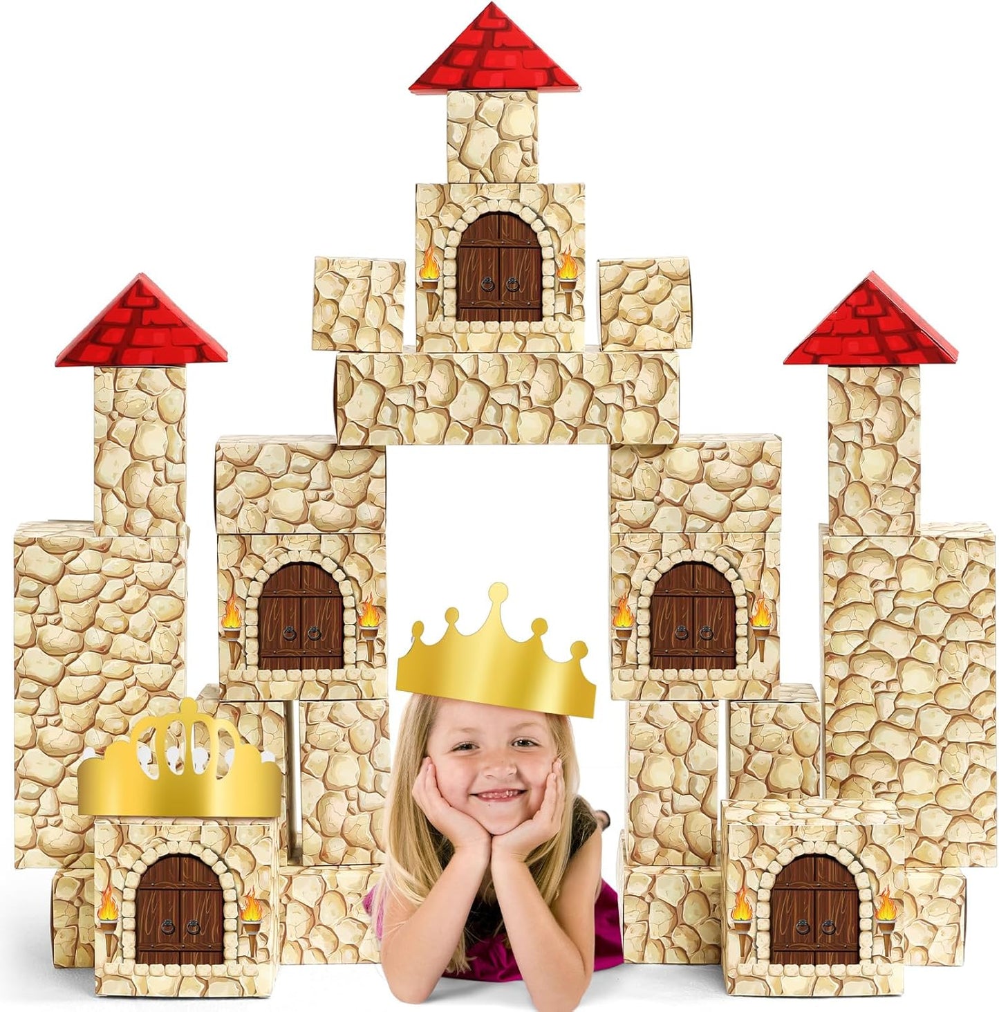 MotiMind 47 Pcs Jumbo Cardboard Castle Building Blocks New Year Gift DIY Building Blocks Large Stone Box Collapsible Reusable Jumbo Crown for Castle House Birthday Indoor Outdoor Party (Black)