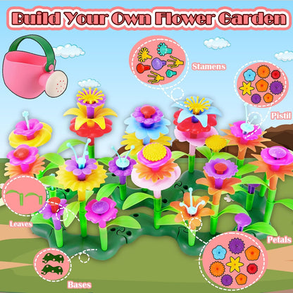 FUNZBO Girl Flower Garden Building Toys Set - Birthday Gifts for Age 2 3 4 5 6 Years Old Girls, STEM Montessori Educational Toy for Toddler Kids, Sorting & Stacking Spring Gardening Set