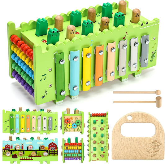 Wooden Baby Activity Cube Montessori Toys for 12+ Months Boys Girls | Hammering Pounding Toys with Abacus, Educational Toddler Activities Toys with Xylophone (Crocodile)