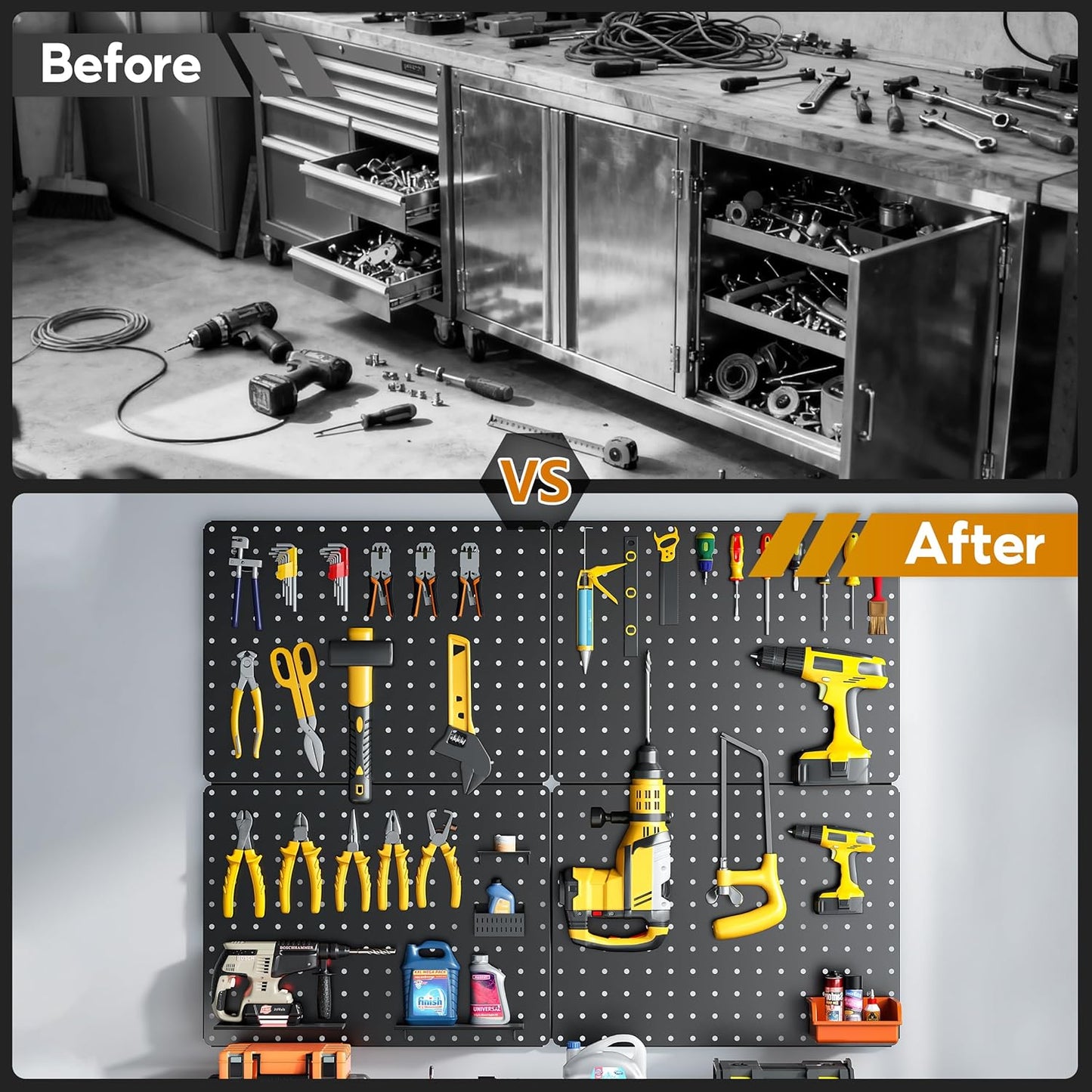 Peg Board, 112PCS Heavy Duty Metal Pegboard with Hooks, 6 Pack Black Peg Board Panels, 60lbs Load Capacity Each, Pegboard Wall Organizer for Garage, Workshop, Kitchen, Craft Rooms