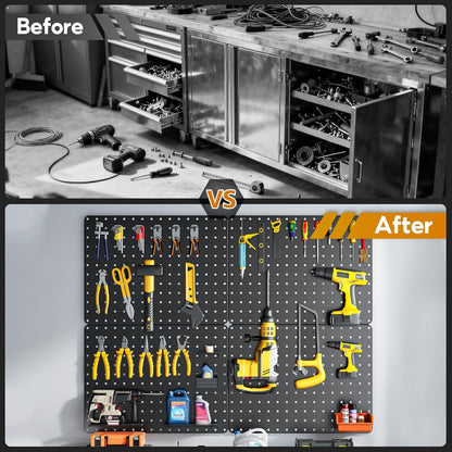 Peg Board, 112PCS Heavy Duty Metal Pegboard with Hooks, 6 Pack Black Peg Board Panels, 60lbs Load Capacity Each, Pegboard Wall Organizer for Garage, Workshop, Kitchen, Craft Rooms