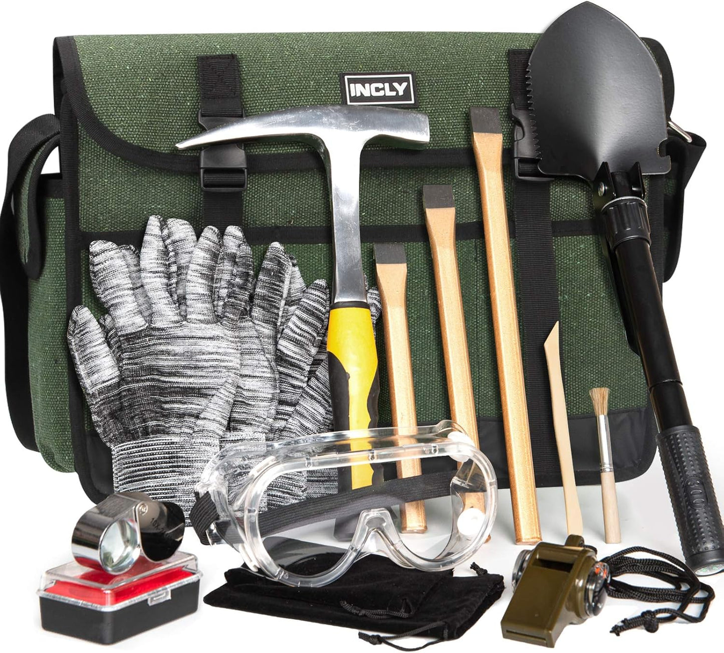 INCLY 15 PCS Geology Rock Pick Hammer Kit, 32oz Hammer & 3 PCS Digging Chisels Set for Rock Hounding, Gold Mining & Prospecting Equipment Tool Gear Shovel Musette Bag, Compass, Whistle, Wooden Chisel