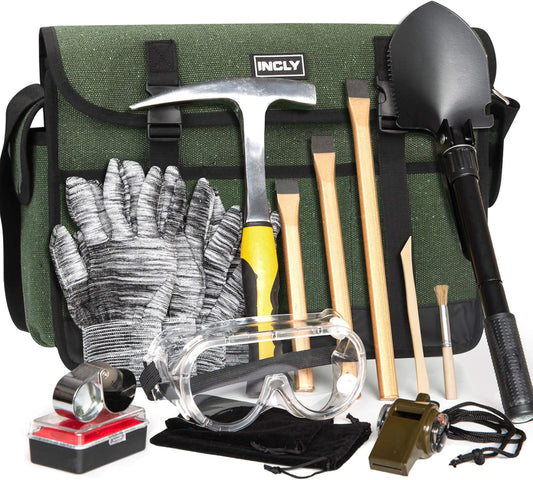 INCLY 15 PCS Geology Rock Pick Hammer Kit, 32oz Hammer & 3 PCS Digging Chisels Set for Rock Hounding, Gold Mining & Prospecting Equipment Tool Gear Shovel Musette Bag, Compass, Whistle, Wooden Chisel