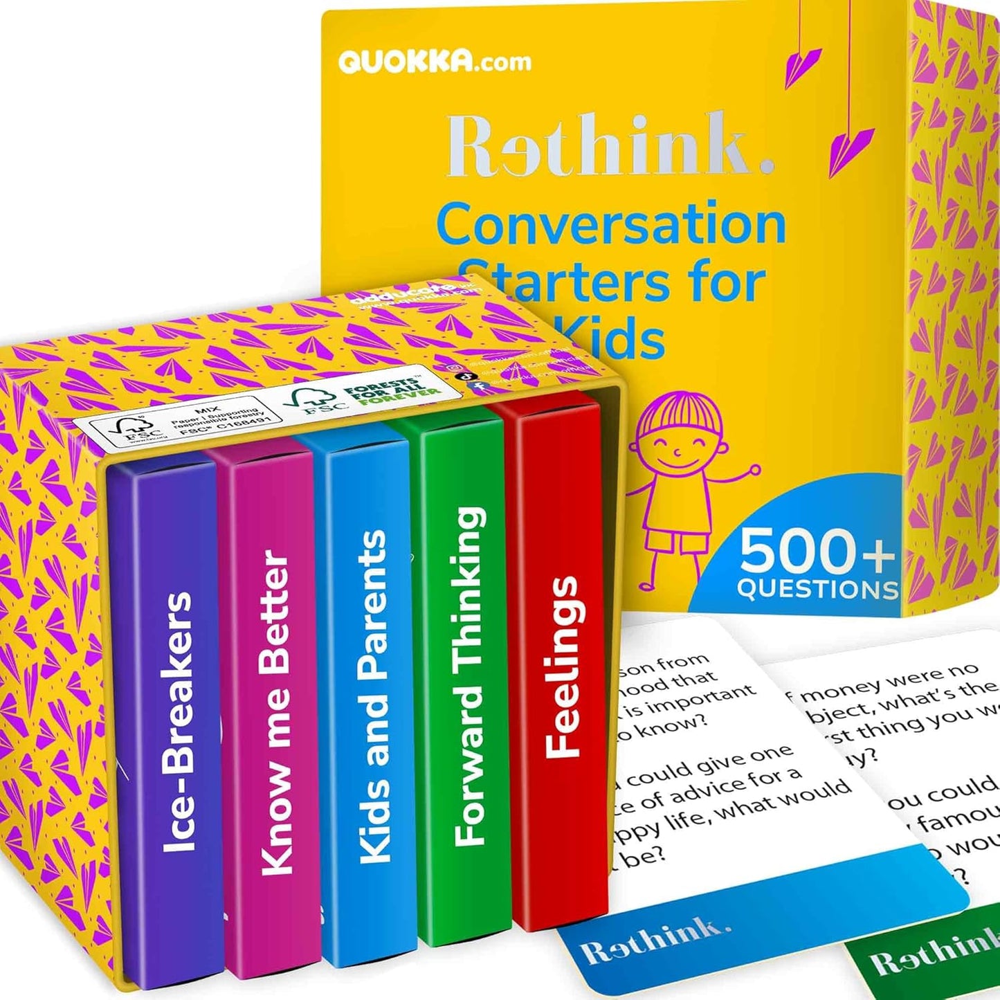 QUOKKA Conversation Cards Game - Kids Edition | 500 Questions | Original Version | Share Thoughts - Fun Talking Board Game for Family Night