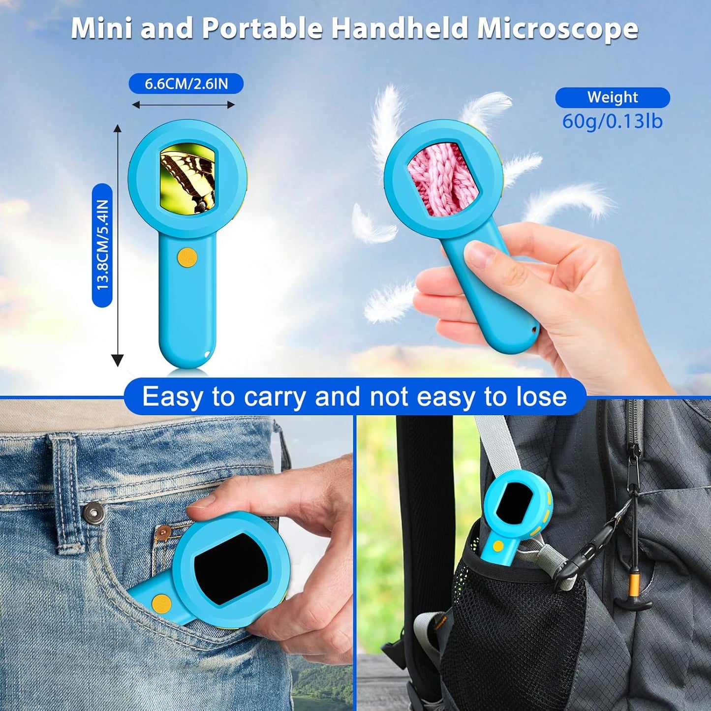 Pocket Digital Microscope for Adults Kids: 100X Handheld Magnifying Glass with Light, USB Coin Magnifier for Collector, Portable Jewelers Loupe with 2" Screen, Mini Scope for Trichome