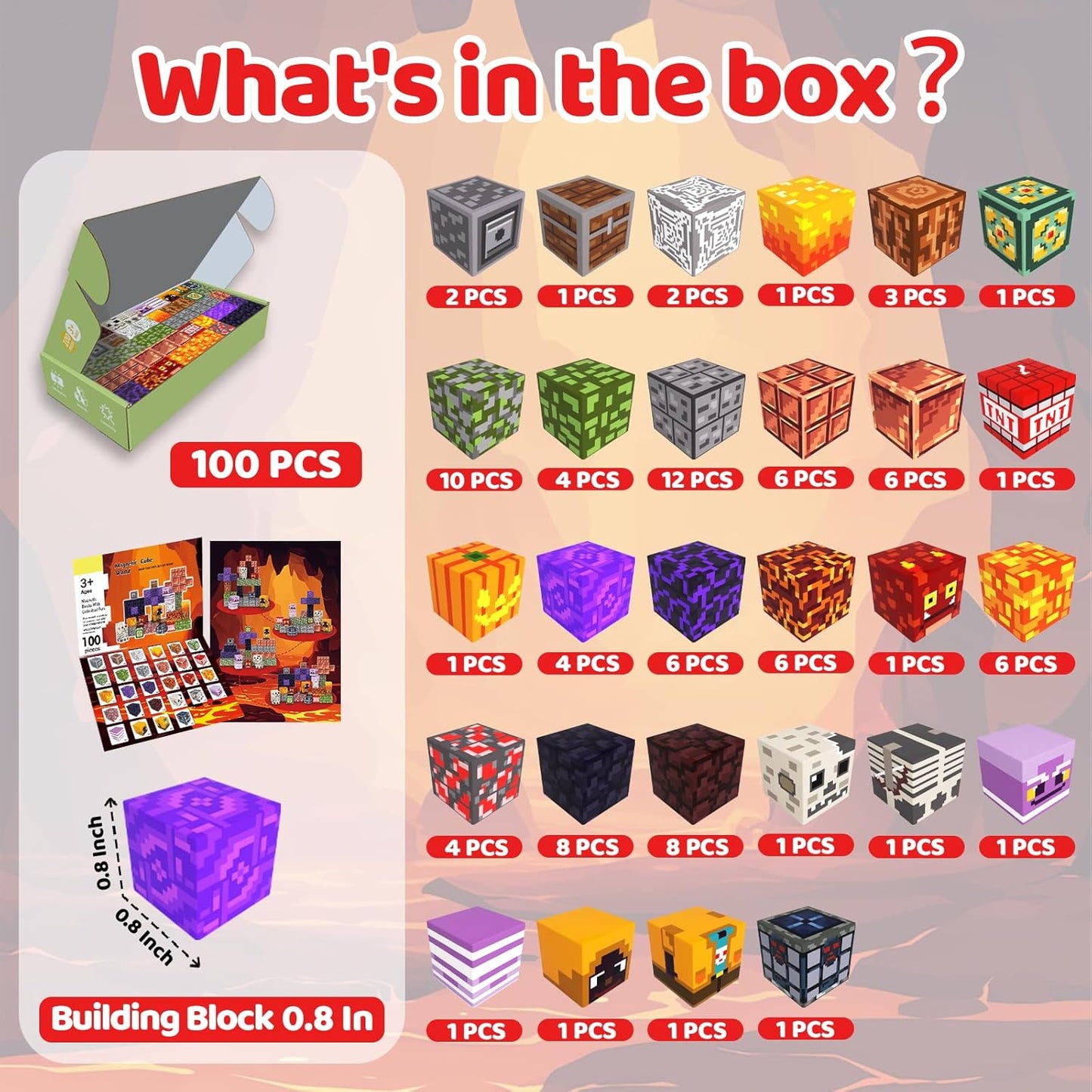 Magnetic Blocks Toys for Kids, 100 PCS Building Blocks Cubes, Stacking Magnetic Tiles Toys for Kids Toddlers Boys Girls Ages 3 4 5 6 7 8-12 Birthday Gifts Party Supplies (Underworld)