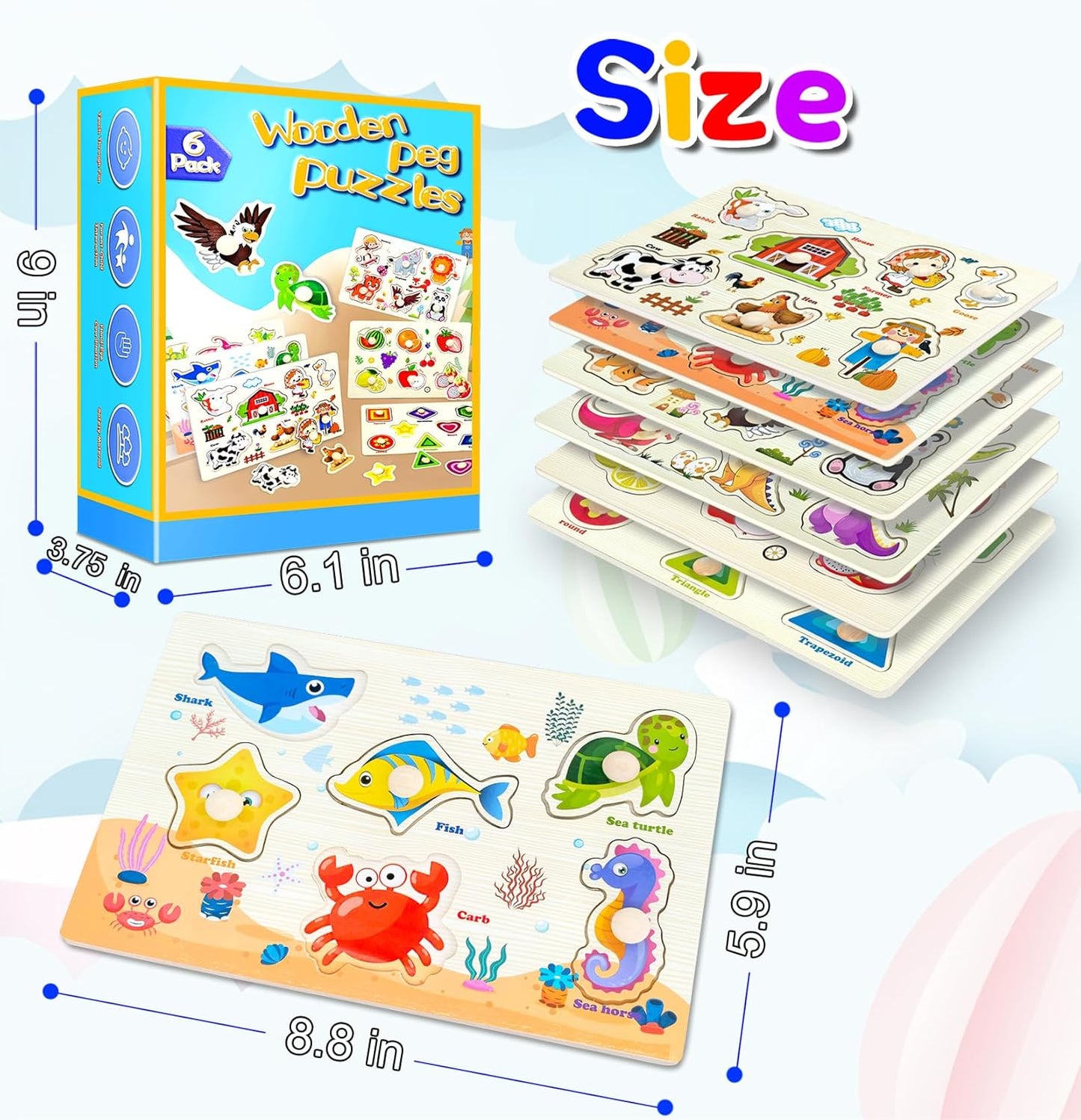 Wooden Peg Puzzles for Toddlers,Montessori Toddler Jigsaw for Child,Fine Motor Skill Learning Puzzle Toys for Baby Boys Girls Gifts-6 Pcs Shape,Farm,Sea Animal,Dinosaurs,Fruits,Animal