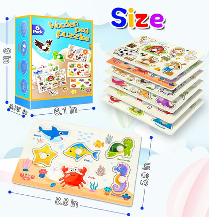 Wooden Peg Puzzles for Toddlers,Montessori Toddler Jigsaw for Child,Fine Motor Skill Learning Puzzle Toys for Baby Boys Girls Gifts-6 Pcs Shape,Farm,Sea Animal,Dinosaurs,Fruits,Animal
