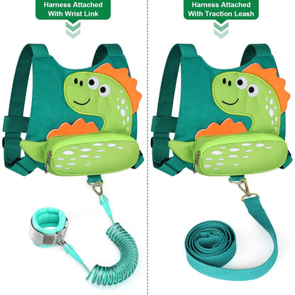 3 in 1 Toddler Harness Leash + Baby Anti Lost Wrist Link, Accmor Cute Dinosaur Child Safety Harness Tether, Kids Walking Wristband Assistant Strap Belt for Parent Boys Outdoor Activity (Black)