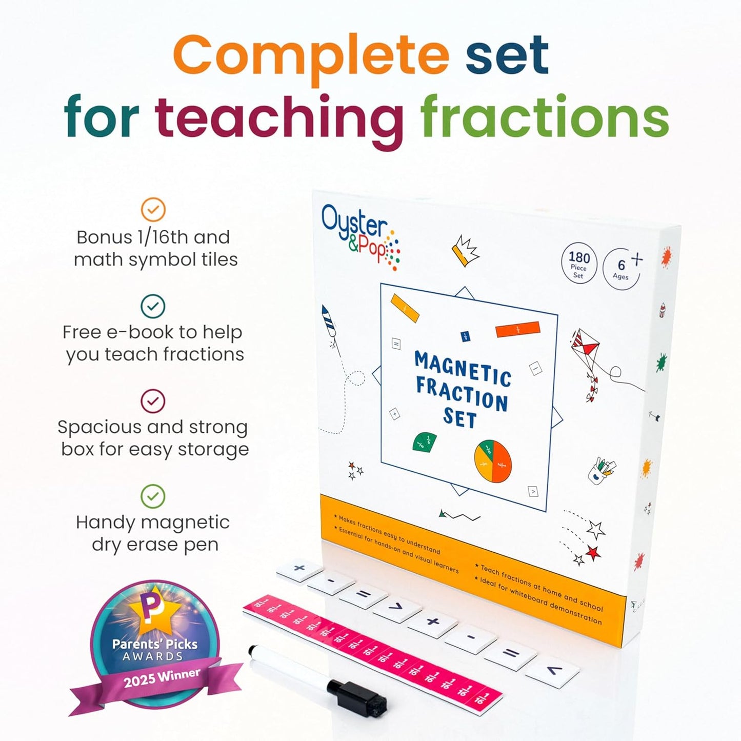 Oyster&Pop 180pcs Award-Winning Fraction Manipulatives - Large Magnetic Fraction Tiles and Circles Magnets Set - Fractions for Kids - Hands-On Montessori Math - Includes Learning Fractions eBook