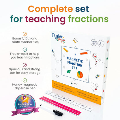 Oyster&Pop 180pcs Award-Winning Fraction Manipulatives - Large Magnetic Fraction Tiles and Circles Magnets Set - Fractions for Kids - Hands-On Montessori Math - Includes Learning Fractions eBook