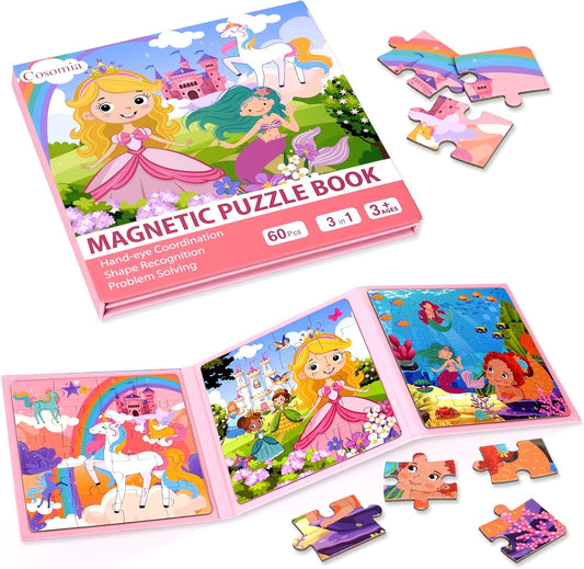 Magnetic Puzzles for Kids 3-5, 3-in-1 Princess Unicorn Mermaid Travel Puzzles for Kids Ages 4-6, Car Airplane Road Trip Activities Toys, Easter Day Gifts for Girls