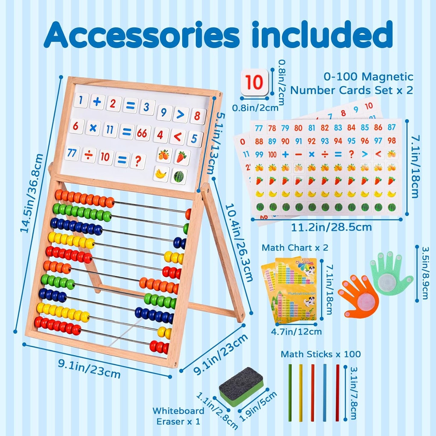 Wooden Abacus for Kids Math - Double-Sided Black/Whiteboard for Toddlers with 152 Magnetic Number & Fruit Cards, 100 Counting Sticks and Number Blocks Finger Counting Toys Homeschool Essentials
