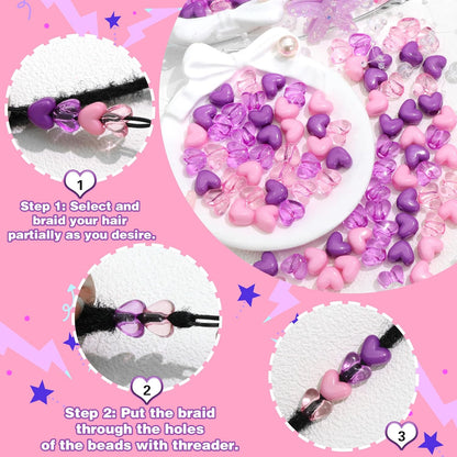 90PCS Heart Hair Beads for Braids Blue Pink Loc Dreadlock Valentine's Day Bead Accessories Purple Cute Acrylic Heart Shape Beads for Kids Girls